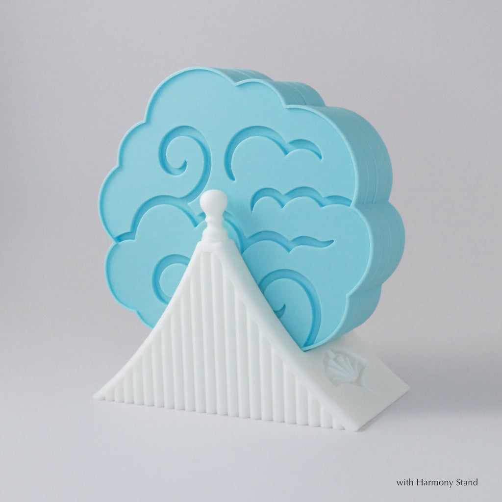 Blue cloud-shaped object with a white cone-like structure on a light gray background